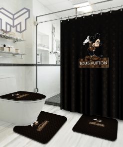 Louis Vuitton Mickey Fashion Logo Luxury Brand Bathroom Set Home Decor Shower Curtain And Rug Toilet Seat Lid Covers Bathroom Set