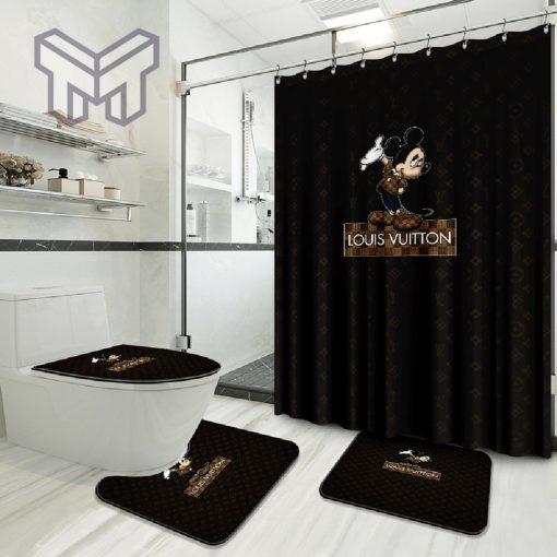 Louis Vuitton Mickey Fashion Logo Luxury Brand Bathroom Set Home Decor Shower Curtain And Rug Toilet Seat Lid Covers Bathroom Set