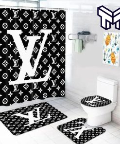 Louis Vuitton Monogram Big Logo Fashion Luxury Brand Premium Bathroom Set Home Decor Shower Curtain And Rug Toilet Seat Lid Covers Bathroom Set