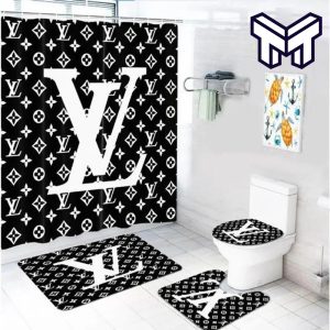 Louis Vuitton Monogram Big Logo Fashion Luxury Brand Premium Bathroom Set Home Decor Shower Curtain And Rug Toilet Seat Lid Covers Bathroom Set
