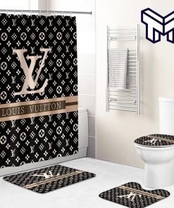 Louis Vuitton Monogram Fashion Luxury Brand Premium Bathroom Set Home Decor Shower Curtain And Rug Toilet Seat Lid Covers Bathroom Set