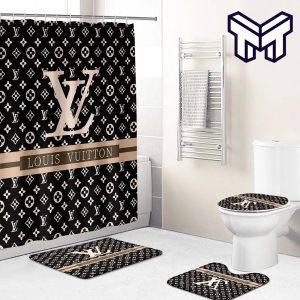 Louis Vuitton Monogram Fashion Luxury Brand Premium Bathroom Set Home Decor Shower Curtain And Rug Toilet Seat Lid Covers Bathroom Set