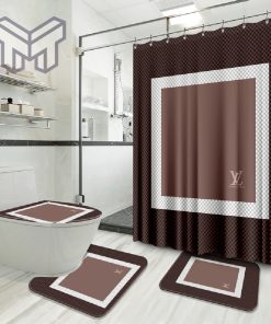 Louis Vuitton New Fashion Logo Luxury Brand Bathroom Set Home Decor Shower Curtain And Rug Toilet Seat Lid Covers Bathroom Set