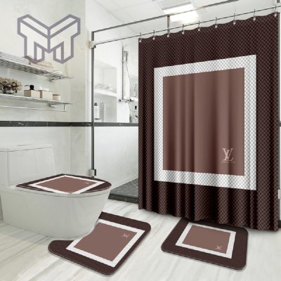 Louis Vuitton New Fashion Logo Luxury Brand Bathroom Set Home Decor Shower Curtain And Rug Toilet Seat Lid Covers Bathroom Set