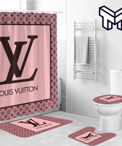 Louis Vuitton Pink Fashion Luxury Brand Premium Bathroom Set Home Decor Shower Curtain And Rug Toilet Seat Lid Covers Bathroom Set