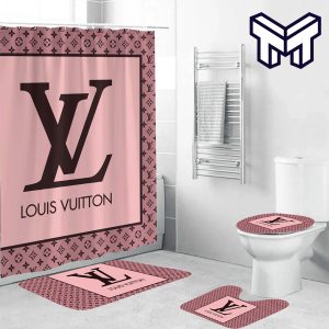 Louis Vuitton Pink Fashion Luxury Brand Premium Bathroom Set Home Decor Shower Curtain And Rug Toilet Seat Lid Covers Bathroom Set