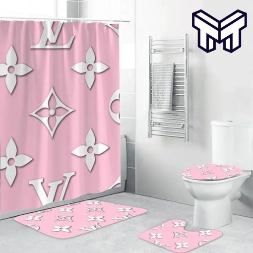 Louis Vuitton Pinky Fashion Luxury Brand Premium Bathroom Set Home Decor Shower Curtain And Rug Toilet Seat Lid Covers Bathroom Set