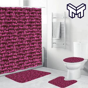 Louis Vuitton Pinky Logo Fashion Luxury Brand Premium Bathroom Set Home Decor Shower Curtain And Rug Toilet Seat Lid Covers Bathroom Set