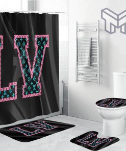 Louis Vuitton Premium Fashion Logo Luxury Brand Bathroom Set Home Decor Shower Curtain And Rug Toilet Seat Lid Covers Bathroom Set