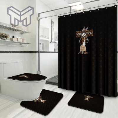 Louis Vuitton Rabbit Luxury Brand Logo Premium Bathroom Set Home Decor Shower Curtain And Rug Toilet Seat Lid Covers Bathroom Set