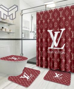 Louis Vuitton Red Luxury Brand Preium Bathroom Set With Shower Curtain Shower Curtain And Rug Toilet Seat Lid Covers Bathroom Set