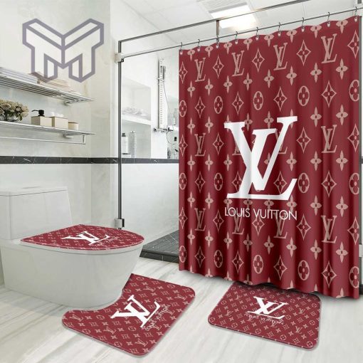 Louis Vuitton Red Luxury Brand Preium Bathroom Set With Shower Curtain Shower Curtain And Rug Toilet Seat Lid Covers Bathroom Set