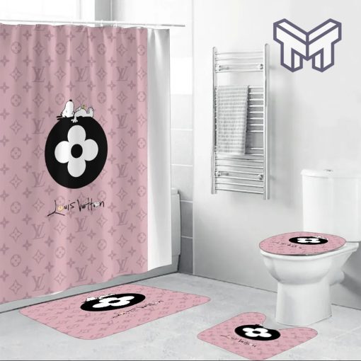 Louis Vuitton Snoopy Pinky Fashion Luxury Brand Premium Bathroom Set Home Decor Shower Curtain And Rug Toilet Seat Lid Covers Bathroom Set