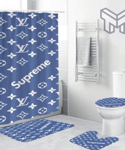 Louis Vuitton Supreme Blue Bathroom Set Home Decor Shower Curtain And Rug Toilet Seat Lid Covers Bathroom Set