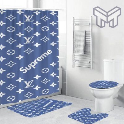 Louis Vuitton Supreme Blue Bathroom Set Home Decor Shower Curtain And Rug Toilet Seat Lid Covers Bathroom Set