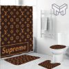 Louis Vuitton Supreme Brown Fashion Logo Luxury Brand Bathroom Set Home Decor Shower Curtain And Rug Toilet Seat Lid Covers Bathroom Set