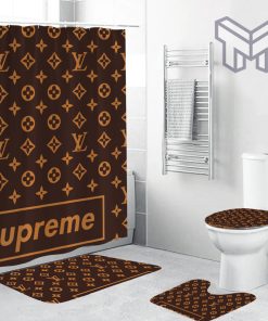 Louis Vuitton Supreme Brown Fashion Logo Luxury Brand Bathroom Set Home Decor Shower Curtain And Rug Toilet Seat Lid Covers Bathroom Set