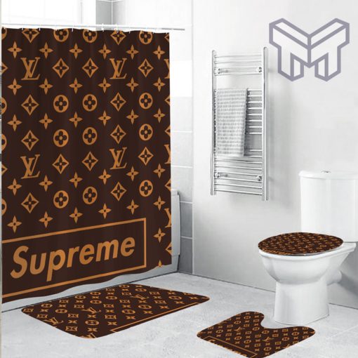 Louis Vuitton Supreme Brown Fashion Logo Luxury Brand Bathroom Set Home Decor Shower Curtain And Rug Toilet Seat Lid Covers Bathroom Set