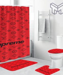 Louis Vuitton Supreme Fashion Logo Limited Luxury Brand Bathroom Set Home Decor 03 Shower Curtain And Rug Toilet Seat Lid Covers Bathroom Set