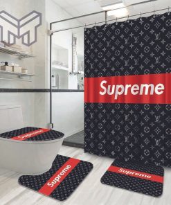 Louis Vuitton Supreme Fashion Logo Luxury Brand Bathroom Set Home Decor Shower Curtain And Rug Toilet Seat Lid Covers Bathroom Set