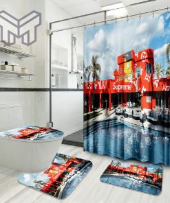 Louis Vuitton Supreme Pool Party Fashion Logo Luxury Brand Bathroom Set Home Decor Shower Curtain And Rug Toilet Seat Lid Covers Bathroom Set