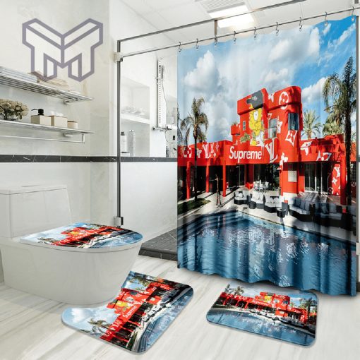 Louis Vuitton Supreme Pool Party Fashion Logo Luxury Brand Bathroom Set Home Decor Shower Curtain And Rug Toilet Seat Lid Covers Bathroom Set