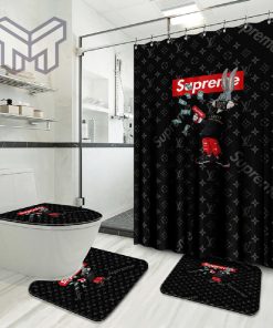 Louis Vuitton Supreme Rabbit Money Fashion Logo Luxury Brand Bathroom Set Home Decor Shower Curtain And Rug Toilet Seat Lid Covers Bathroom Set