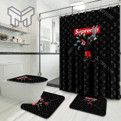 Louis Vuitton Supreme Rabbit Money Fashion Logo Luxury Brand Bathroom Set Home Decor Shower Curtain And Rug Toilet Seat Lid Covers Bathroom Set