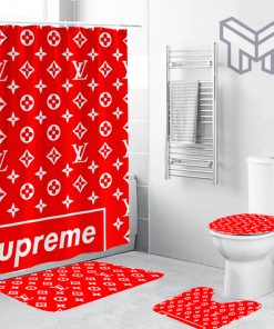 Louis Vuitton Supreme Red Fashion Logo Luxury Brand Bathroom Set Home Decor Shower Curtain And Rug Toilet Seat Lid Covers Bathroom Set