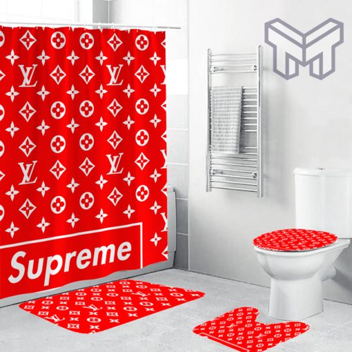 Louis Vuitton Supreme Red Fashion Logo Luxury Brand Bathroom Set Home Decor Shower Curtain And Rug Toilet Seat Lid Covers Bathroom Set