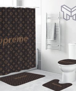 Louis Vuitton Supreme Red Fashion Luxury Brand Bathroom Set Home Decor Shower Curtain And Rug Toilet Seat Lid Covers Bathroom Set