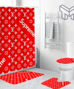 Louis Vuitton Supreme Red Fashion Luxury Brand Bathroom Set Home Decor huW Shower Curtain And Rug Toilet Seat Lid Covers Bathroom Set