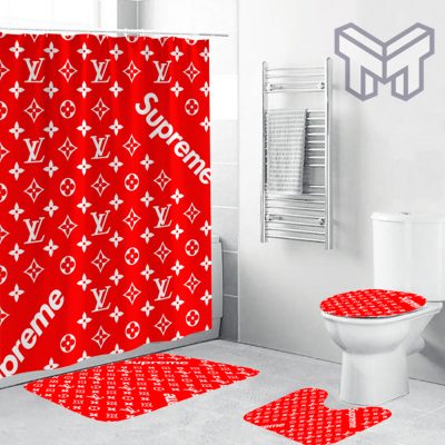 Louis Vuitton Supreme Red Fashion Luxury Brand Bathroom Set Home Decor huW Shower Curtain And Rug Toilet Seat Lid Covers Bathroom Set