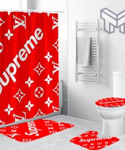 Louis Vuitton Supreme Red Fashion Luxury Brand Premium Bathroom Set Home Decor Shower Curtain And Rug Toilet Seat Lid Covers Bathroom Set