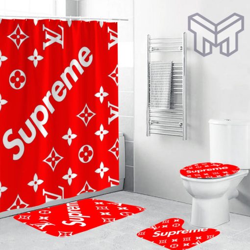 Louis Vuitton Supreme Red Fashion Luxury Brand Premium Bathroom Set Home Decor Shower Curtain And Rug Toilet Seat Lid Covers Bathroom Set