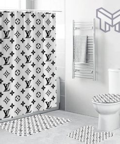 Louis Vuitton White Fashion Luxury Brand Bathroom Set Home Decor Shower Curtain And Rug Toilet Seat Lid Covers Bathroom Set