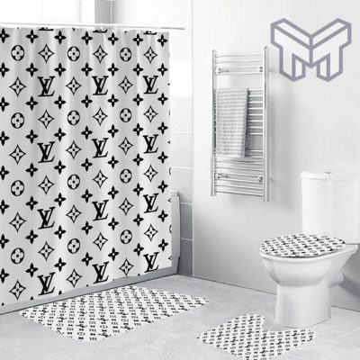 Louis Vuitton White Fashion Luxury Brand Bathroom Set Home Decor Shower Curtain And Rug Toilet Seat Lid Covers Bathroom Set