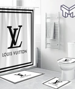 Louis Vuitton White Fashion Luxury Brand Premium Bathroom Set Home Decor Shower Curtain And Rug Toilet Seat Lid Covers Bathroom Set