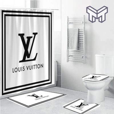 Louis Vuitton White Fashion Luxury Brand Premium Bathroom Set Home Decor Shower Curtain And Rug Toilet Seat Lid Covers Bathroom Set