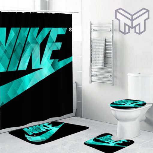 Nike Turquoise Fashion Luxury Brand Premium Bathroom Set Home Decor Shower Curtain And Rug Toilet Seat Lid Covers Bathroom Set