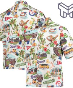 Texas Rangers Hawaiian shirt, MLB scenic Aloha shirt, Rangers Hawaiian shirt and shorts, White Hawaiian shirt for Rangers fans.