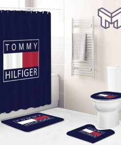 Tommy Hilfiger Blue Fashion Logo Luxury Brand Premium Bathroom Set Home Decor Shower Curtain And Rug Toilet Seat Lid Covers Bathroom Set