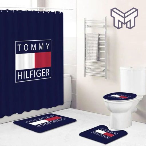 Tommy Hilfiger Blue Fashion Logo Luxury Brand Premium Bathroom Set Home Decor Shower Curtain And Rug Toilet Seat Lid Covers Bathroom Set