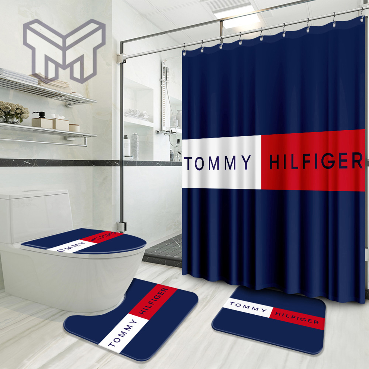Tommy Hilfiger Brand Preium Bathroom Set With Shower Shower Curtain And Rug Toilet Seat Covers Bathroom Set - Muranotex Store