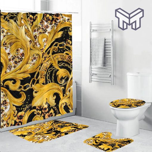 Versace Barque Fashion Logo Luxury Brand Premium Bathroom Set Home Decor Shower Curtain And Rug Toilet Seat Lid Covers Bathroom Set
