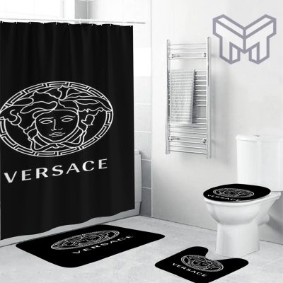 Versace Basic Big White Logo In Black Bathroom Set Shower Curtain And Rug Toilet Seat Lid Covers Bathroom Set