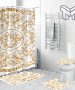 Versace Basic Medusa With Baroque And Greca Framed Bathroom Set Shower Curtain And Rug Toilet Seat Lid Covers Bathroom Set