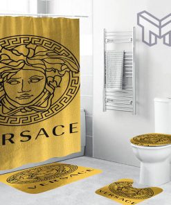Versace Big Black Logo In Golden Background Bathroom Set Shower Curtain And Rug Toilet Seat Lid Covers Bathroom Set