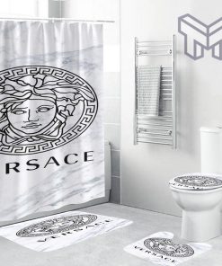 Versace Big Logo In Marble Background Bathroom Set Shower Curtain Set Shower Curtain And Rug Toilet Seat Lid Covers Bathroom Set