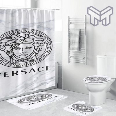 Versace Big Logo In Marble Background Bathroom Set Shower Curtain Set Shower Curtain And Rug Toilet Seat Lid Covers Bathroom Set